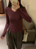 V-Collar Slim Wrinkle Waist Long-Sleeved T-Shirt Women's Autumn And Winter New Plush Plush Bottomed