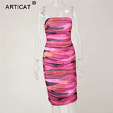 Strapless Print Ruched Dress For Women Sexy Sleeveless Mini Dresses Ladies Streetwear Backless Elasitc Mesh