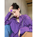 Purple Striped Shirt Fashion Women Blouses 2023 Casual Youth Long Sleeve Tunics Women's Clothing Spring Summer 2023