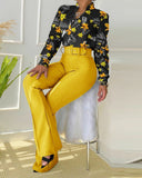 Trend Casual Leaf Print Buttoned Shirt &amp; High Waist Pants Sst Two Pieces Set Women Tracksuit Office