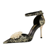 Zingj Banquet High Heel Shallow Mouth Empty A Word With Pointed Diamond Pearl Flower Sandal High