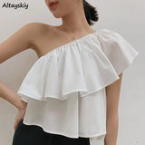 Blouses Women Solid Folds Skew Collar Crop Top Slim Thin Summer French Style Classic Gentle Design Sexy Mujer Ins