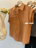 Chic Woman Blouse for Woman Korean Slightly Transparent Sleeveless Shirt Chiffon Orange Top Summer Women's Shirts