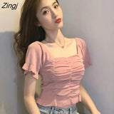 Women Puff Sleeve Pleated Square Collar Pullover Solid Elegant Chic Womens Korean Style Slim Simple Trendy Soft Sexy