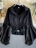 Women Black/White Hollow Out Blouse Autumn 2023 Casual Long Sleeve Turn-Down Collar Shirt Elegant Single Breasted Short Tops