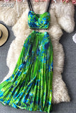 Vacation Beach 2pcs Set Women Floral Printed Short Strapless Tops And High Waist Pleated Long Skirt Suit Spring