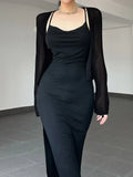Korean Fashion Backless Black Basic Long Dress Female Spaghetti Strap Sundress Slim Split Sexy Summer Dresses