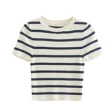 New Short Style Slim Short-Sleeved Striped Knitted Blouse In