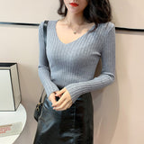 Zingj Autumn And Winter New Style Kengtiao Thin Knitted Blouse Woman V-Collar Slim Solid Color Cover Bottom