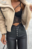 Fleece Patchwork Suede Winter Warm Jackets Women Casual Long Sleeve Lapel Neck Zipper Outerwear Street Party