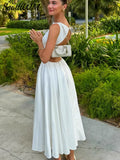 White Backless Long Dress Women Fashion Slim O Neck Sleeveless Vestidos 2024 Summer fashion Ladies Holiday Party