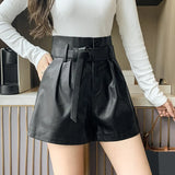 Autumn Winter Women's Faux PU Leather Shorts with Belted New High Waist Ladies Elegant Short Trousers Pocket