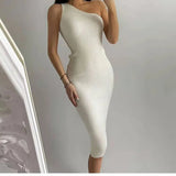 Zingj Slanting Shoulder Solid Color Knitted Dress Ins Xia Xian Slim Body Including Hip Middle Skirt Sleeveless