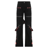 SUCHCUTE Gothic Bandage Jeans Women Dark Academic Low Waist Wide Leg Pant Harajuku Vintage Emo Hip Hop Denim Trousers Punk