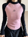 Slim Chic Bottoming Tshirts Contrast Color Patchwork Letter Print Tee Shirts Y2k Aesthetic Sexy Outer Wear Women