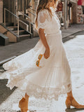 Dress Women Sexy White Dress Female Fashion V Neck Short Sleeves Summer Dress Ladies Hollow Out Maxi Dress Robe