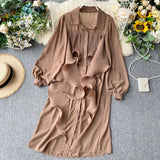 Zingj Shirt Female Designer Feel Minority Pleated Lotus Leaf Ribbon Loose Medium And Long Style Chiffon Dress