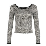 Zingj Spice Wind Leopard Print Color Long-Sleeved T-Shirt Round Collar Slim Thin Base Versatile Top
