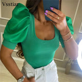 Short Puff Sleeve Ribbed Knit Cropped Top Casual Square Collar Solid Elegant Clothes New Women's Shirts Korean Tees