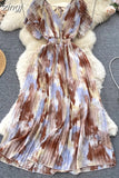 Vintage Women Printed Pleated Long Dress Elegant V-Neck Short Sleeve Ruffle Maxi Vestidos Female Beach Draped Robe