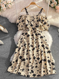 Vintage Slash Neck Off Shoulder Printed Dress Elegant Puff Short Sleeve High Waist A-Line Spaghetti Strap Vestidos