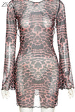 Leopard Print Backless Dress Women Long Sleeve Mesh Dress 2023 Spring Halter Transparent Sexy Club Dress