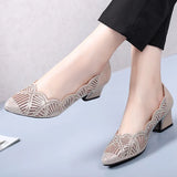 Rhinestone Pointed Toe Gauze Pumps Cut Outs Women Shoes Genuine Leather Comfortable High Heels Shoes Big Size