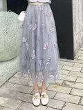 Skirt Women Vintage Embroidery Elastic High Waist A-Line Mesh Pleated Skirt Female Midi