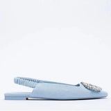 ZAR 2022 Summer New Women Rhinestone Pointed Toe Shallow Mouth Flat Sandals Slippers Back Strap Baotou Temperament Muller