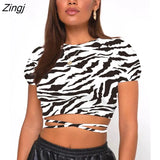 Women’s Fashion Printing Slim Short T-shirt Short Sleeve Backless Drawstring Lace-up Bandage Crop Tops Summer Basic