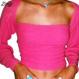 Women Wrapped Tops Y2K Style Knitted T-shirts Long Sleeve Solid Color Party Streetwear Tops Apricot / Rose Red / Green /