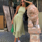 Dress Summer New Asia Garden Floral Neck Halter Lace Slings Strap Sweet Green Print High Waist Sexy Lady Long Skirt