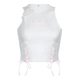 Girl Feeling Lace Irregular Hollowed-Out Lace Design Bow-Tie Sleeveless Vest