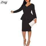 Sexy V Neck Party Dress Women Elegant Solid Long Sleeve Long Dress Boho Fashion Office Lady Dresses