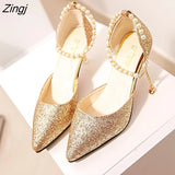 Pointed toe Pearl High heels shoes Female Fashion hollow with Sandals Paillette of the Thin Breathable shoes Women
