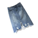 VAREY LIN 2022 New Spring Women Denim Skirts Casual Lace Irregular A-line Skirts High Waist Hole Split Denim Skirt