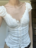 Button Down Broidered Lace Crop Blouse- Outfit
