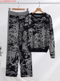 Quality Printed Knitted Women's Set 2 Piece Autumn And Winter Long Sleeved Sweaters + High Waisted Slim Wide Leg