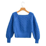 New Square Collar Long-Sleeved Twist Textured Short Sweater In