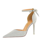 Zingj Hollow High Heels Fine Heel High Heel Shallow Pointed Hollow Out One Word Belt Back Bow