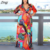 Women's Dress Sexy V-Neck Seven-Sleeve Polyester+ spandex Casual Long Split Dress Printed Party Elegant
