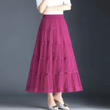 Midi Long Lace Skirts Spring Summer Elastic High Waist Female Mesh Pleated Skirt Fairy