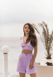 Summer V Neck Strap Crop Top + High Waist Shorts Women's Solid Color