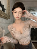 Hot Girl Lace Slim Fit T-shirt for Women's Autumn and Winter Pure Sexy V-neck Long-sleeved Top Fashion Female