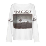 Breeze Loose Retro Print Shoulder-Exposed Long-Sleeved T-Shirt Summer Slant Collar Small Sexy Casual
