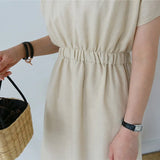 Korean Linen Midi Party Dress Summer V Neck Short Sleeve Elegant Pink Casual Women'S Dresses Clothing