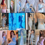 Beachwear Holiday Spring Knitted Sweater Dress Women Spaghetti Strap Strapless Backless Lace Up Dresses Female Lace Up