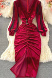 Winter Women Black/Red Draped Bodycon Midi Dress Vintage V-Neck Mesh Patchwork Long Sleeve High Waist Vestidos 2023