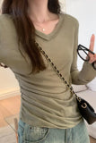 Slim, V-Collar, Straight Shoulder, Long-Sleeved T-Shirt, New Autumn Pleated Blouse, Solid Color Bottomed