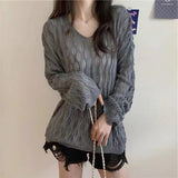 Zingj Spring And Summer New Korean Version Loose Hollowed-Out Sweater Pullover V-Collar Long-Sleeved Blouse Popular Style For